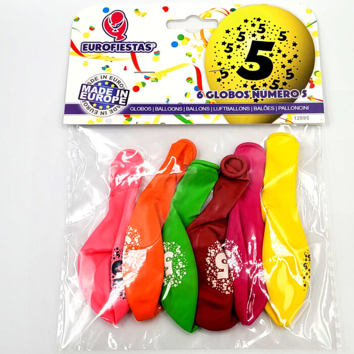 Balony różne kolory numer „5” 6szt. średnica 23cm