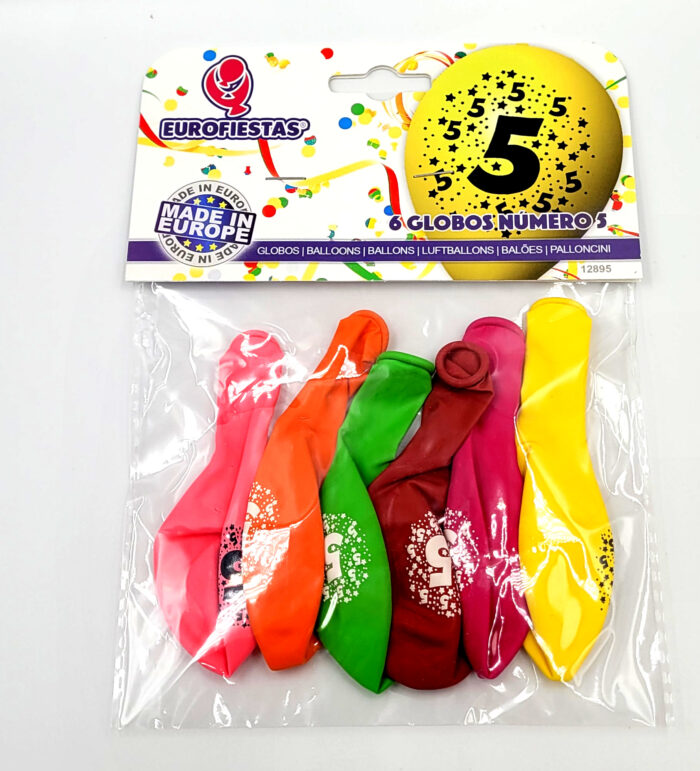 Balony różne kolory numer „5” 6szt. średnica 23cm